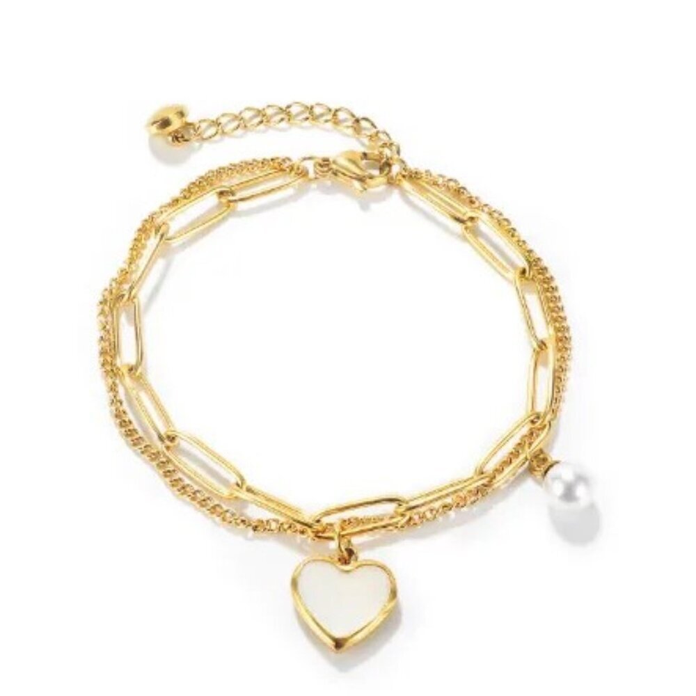 18k Gold Plated Layered Chain Bracelet | Heart Charm & Faux Pearl Inlay Accent